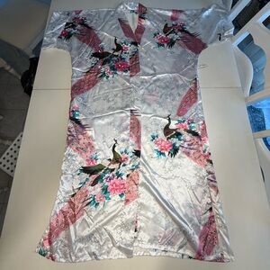 Elegant Satin Kimono with Peacock Design